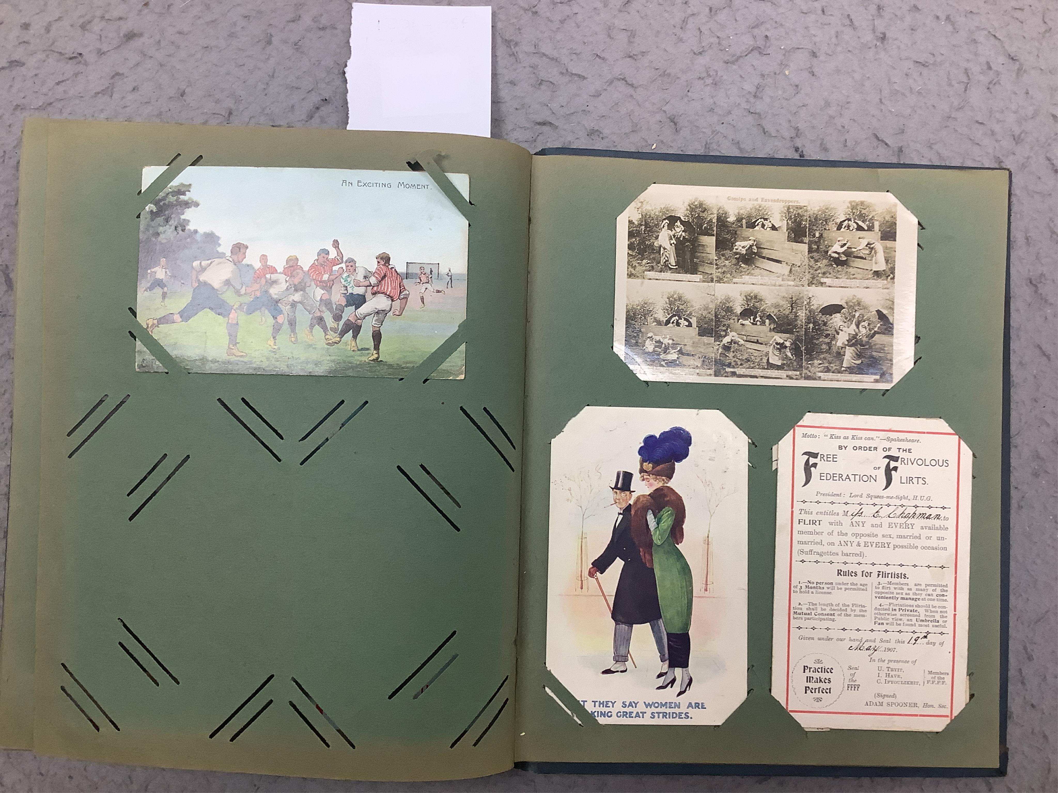 An early 20th century album of eighty four postcards; good selection including mechanical, silks, novelty, etc. Condition - variable